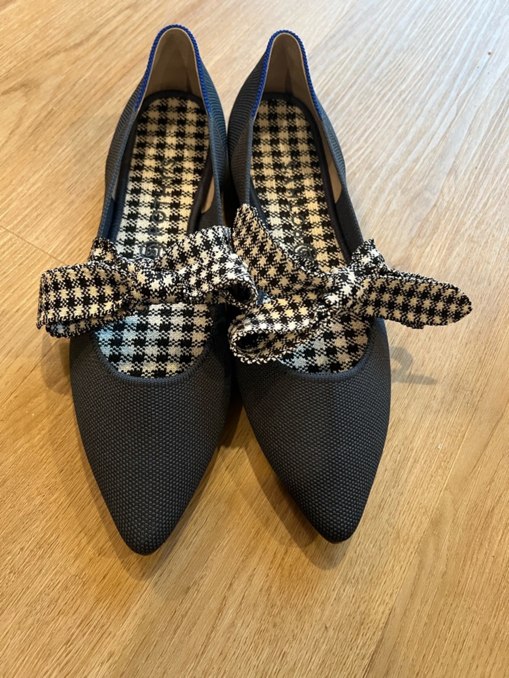 Rothy's Black Pointed Flats with Black-and-White Houndstooth Bow. 11.5
